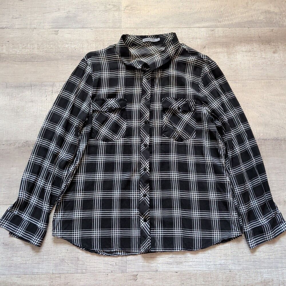 ​Soaked in Luxury Blouse Womens XL Black White Plaid Long Sleeve Viscose Shirt